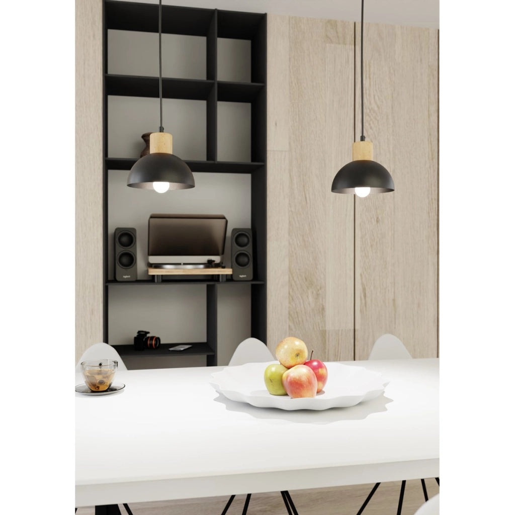 Lampada a sospensione Seco in acciaio nero e legno
