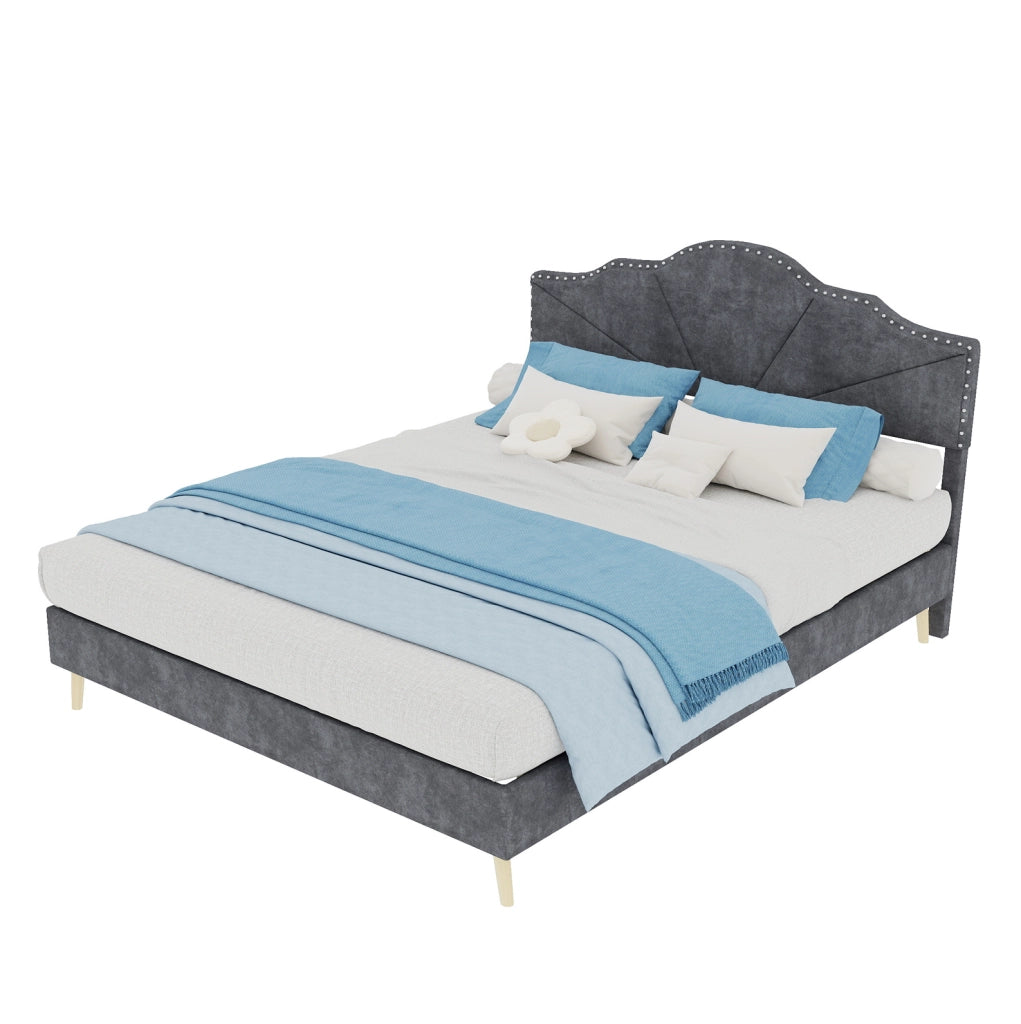 Letto matrimoniale 140x200 cm grigio con testiera geometrica e struttura a doghe