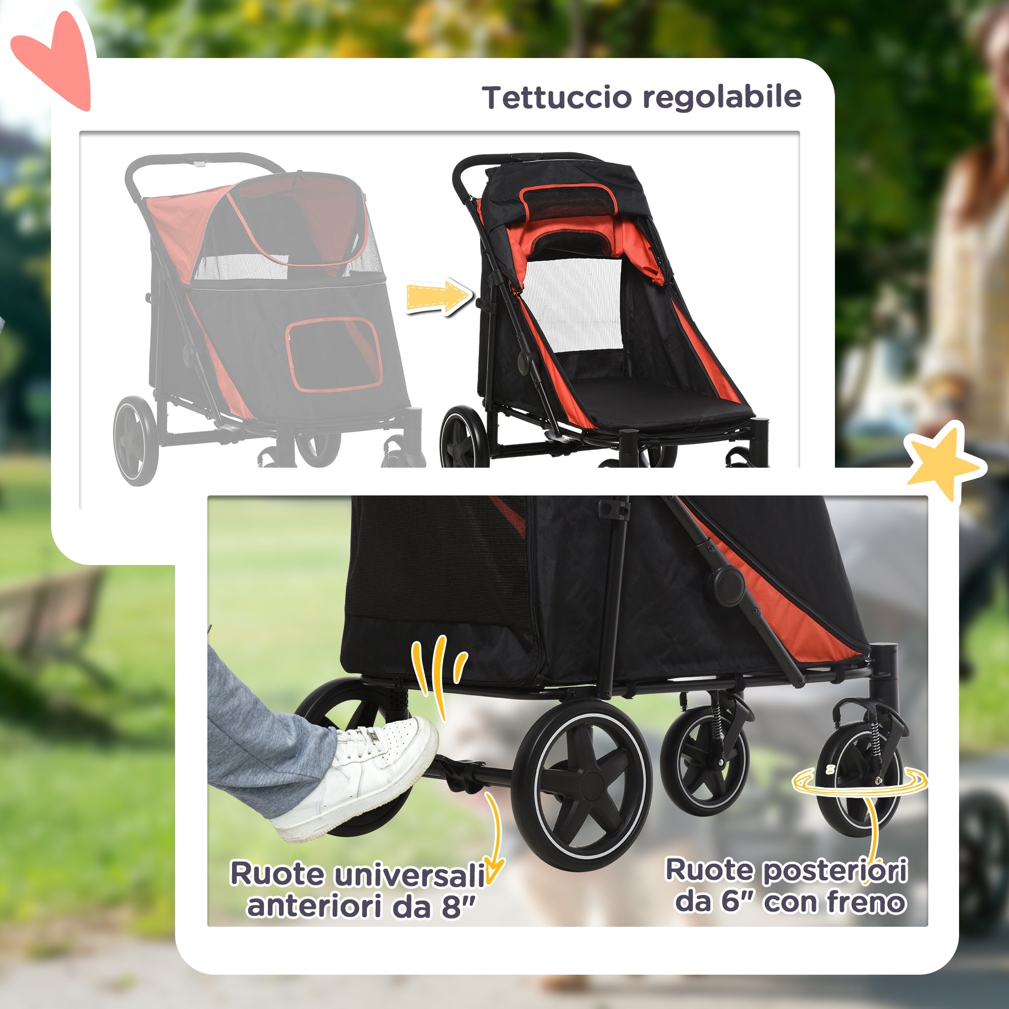 Passeggino per Cani Taglia Media e Grande 112x65x100 cm Pieghevole con Ingressi a Cerniera Rosso e Nero