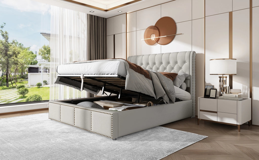 DESMIU Letto contenitore 140 × 200 cm 2 posti con vano, testiera alta, senza materasso, in lino, grigio