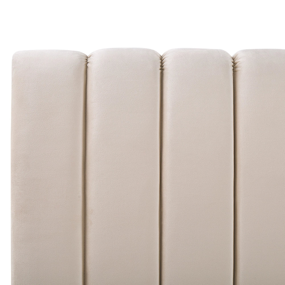 Letto imbottito velluto beige sabbia e oro rete a doghe testiera alta 180 x 200 cm testata alta design retrò