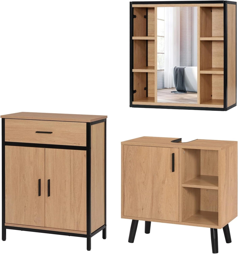 Set di mobili da bagno con armadietto a specchio, per bagno, cassettiera da bagno in metallo + legno modello 16