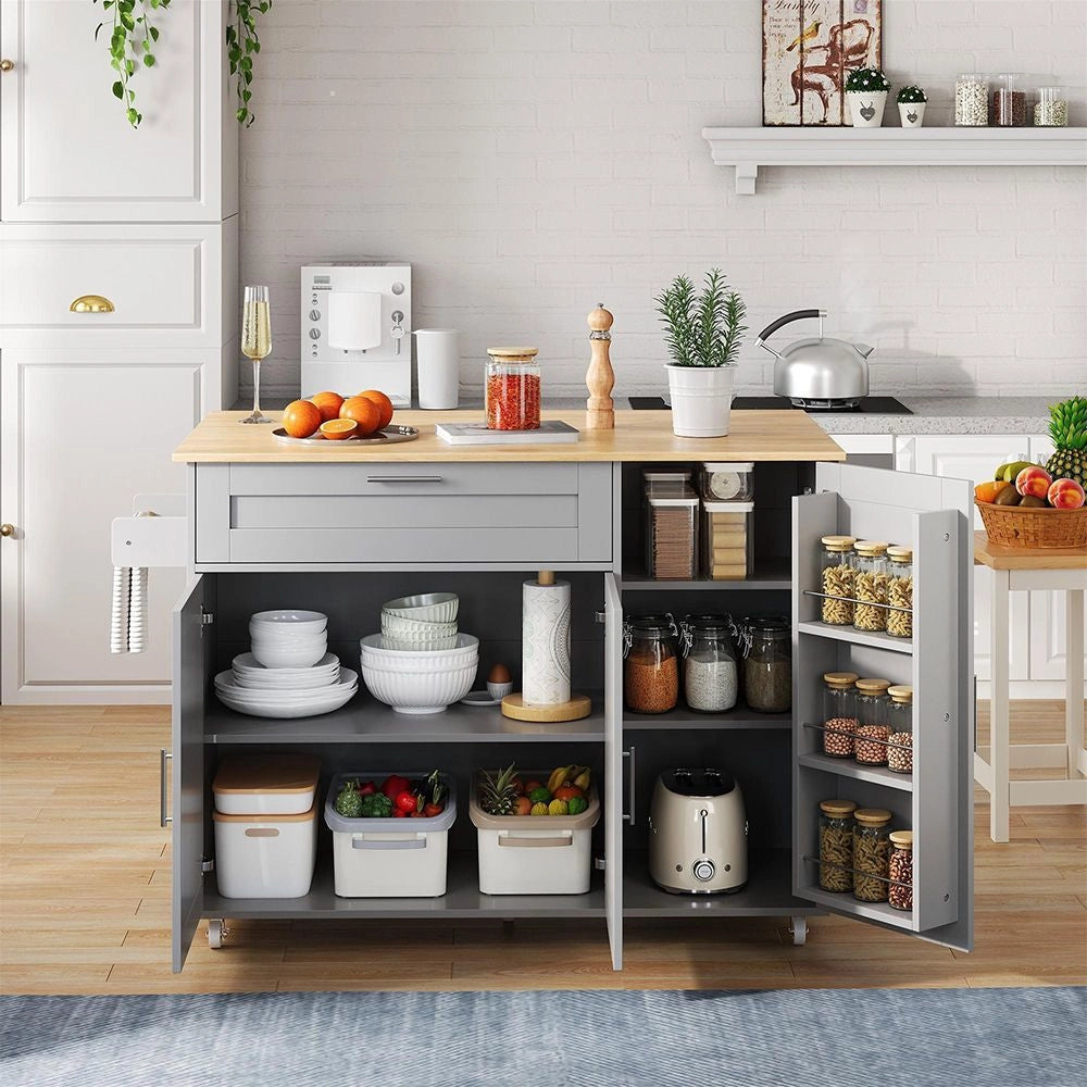 Tavolo da cucina mobile con piano ribaltabile - Xylo - 132,5x44x90 cm - Venatura quercia - Multifunzionale con scaffale spezie, porta asciugamani, 5 ruote