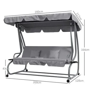 Outsunny Altalena da Giardino 3 Posti, Velluto a Coste Grigio Chiaro, 200x120x164 cm, Portata 340 kg, con Tetto Regolabile, Tavolino Pieghevole e Funzione Sdraio