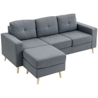 Divano Dritto 3 Posti e Pouf Trasformabile con Braccioli Design Scandinavo, 193 x 136 x 85 cm, Grigio Antracite