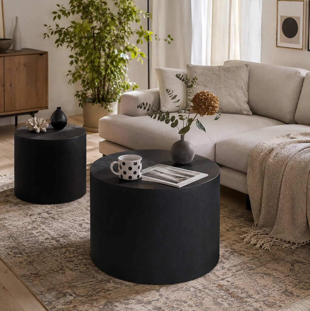 Set di 2 tavolini rotondi ? 38 x H 33 cm e ? 48.5 x H 38.5 cm in MDF nero