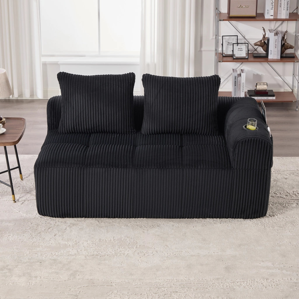 Divano diritto 2 posti con tasche laterali e portabicchieri salvaspazio in tessuto a coste nero 158 × 93 × 61 cm