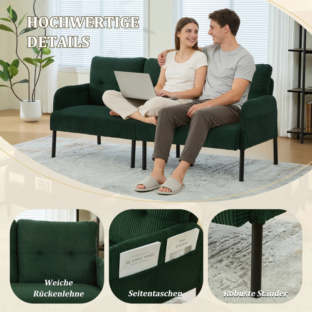 Divano a 3 posti in tessuto effetto velluto con schienale ergonomico tasca laterale e struttura stabile verde smeraldo