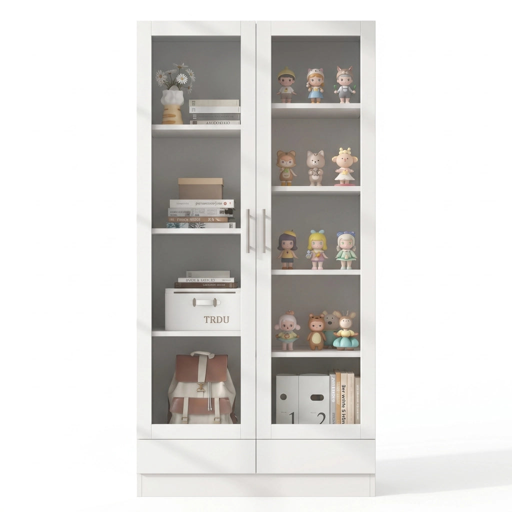Vetrina con 2 cassetti e 9 vani; vetro temperato - per soggiorno - 80×40×160 cm - bianco