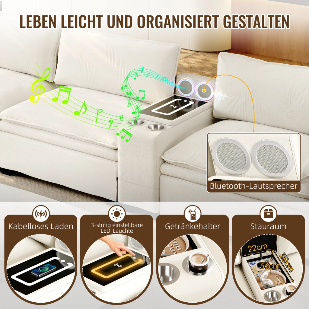 Divano angolare modulare 4 posti con pouf; vano contenitore; ricarica senza fili; luce; 2 portabicchieri ciniglia beige 315 Ã— 70 Ã— 85 cm