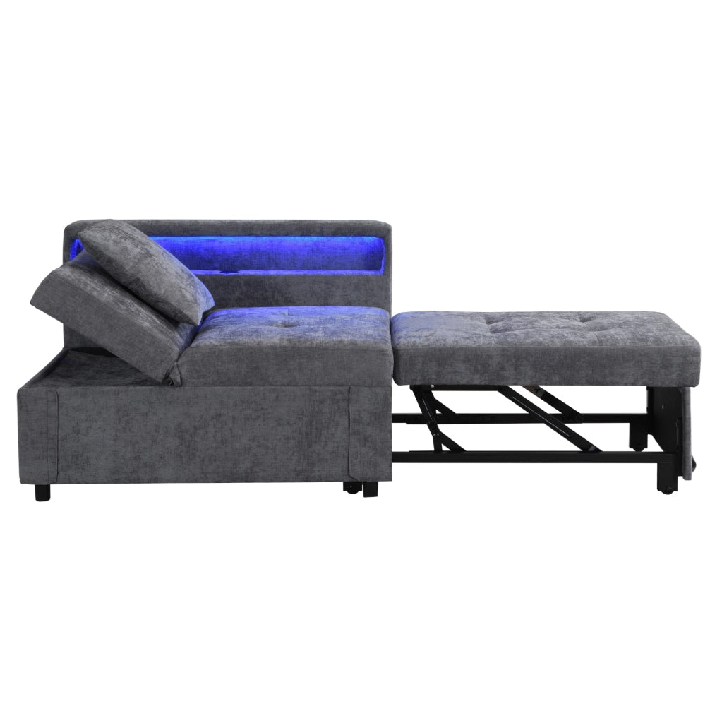 Divano letto 3 in 1 con schienale regolabile; LED e USB/Type-C in lino grigio chiaro