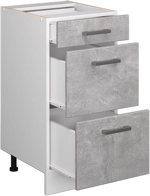 Mobiletto base per cucina R-Line, Calcestruzzo, 40 cm con cassetti, senza piano di lavoro, per la libera combinazione all'interno di sistemi cucina modulari