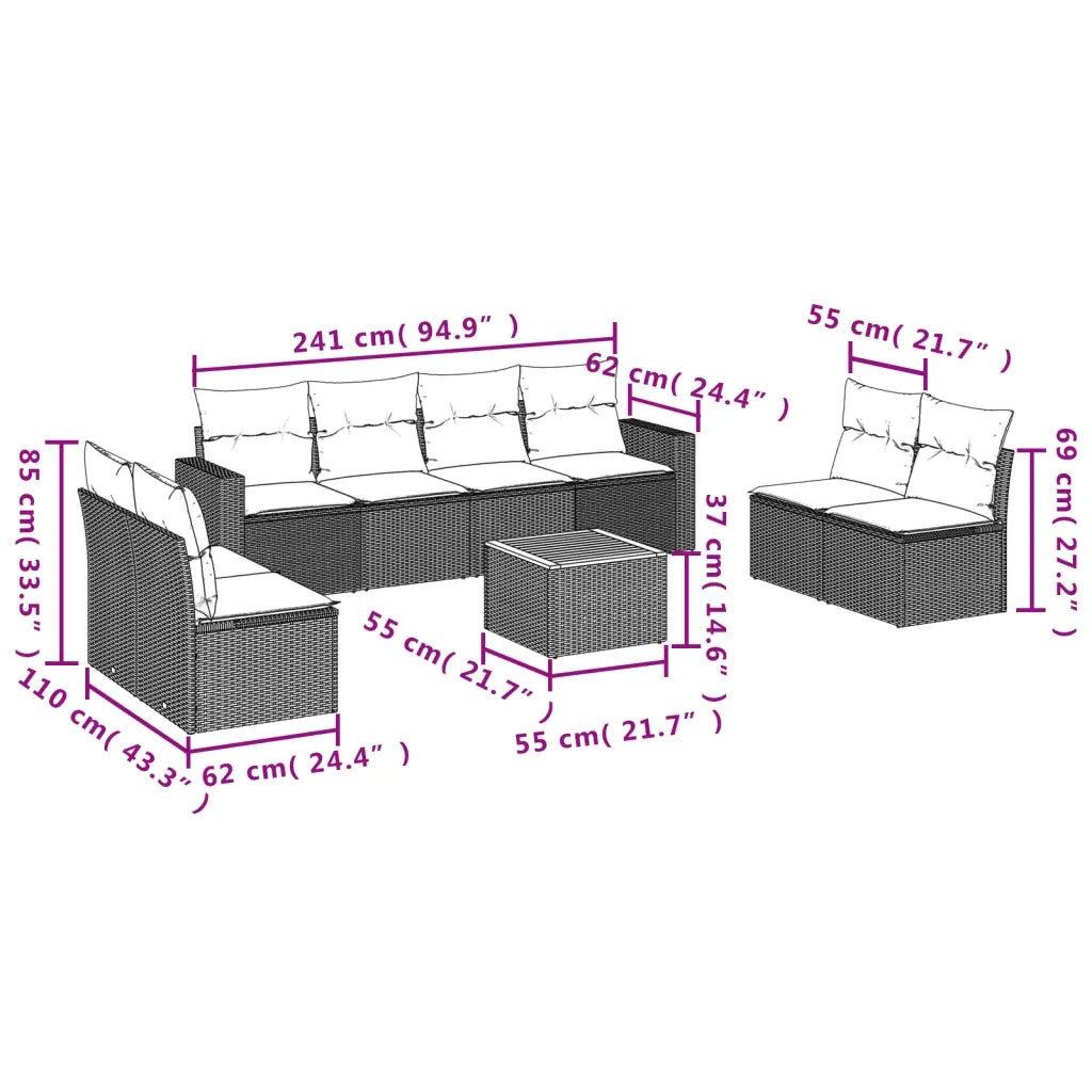 Set Divani da Giardino 9 pz con Cuscini Nero in Polyrattan 3224081
