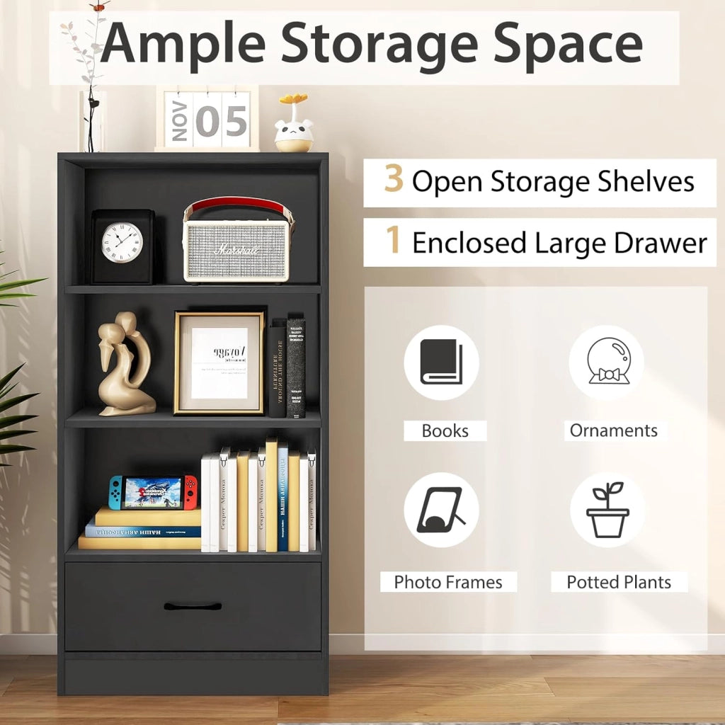 Mensola con cassetto, Libreria 4 Livelli con 3 Vani Aperti, Mensola in Legno per Soggiorno, Camera da letto, Ufficio (Grigio)