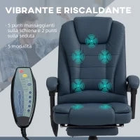 Poltrona da Ufficio con 7 Punti Massaggianti e Poggiapiedi, in Pelle PU e Acciaio, 67x67x111-121 cm, Blu