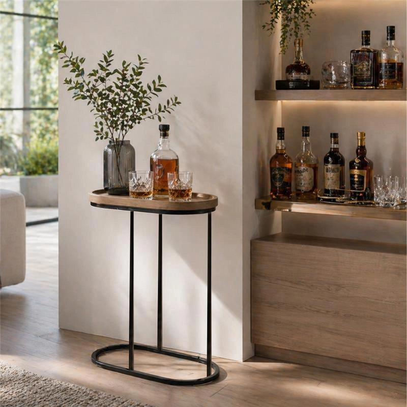 TAVOLINO CON STRUTTURA IN METALLO NERO E TOP IN MDF EFFETTO LEGNO SCURO MISURE: 46X30X60CM