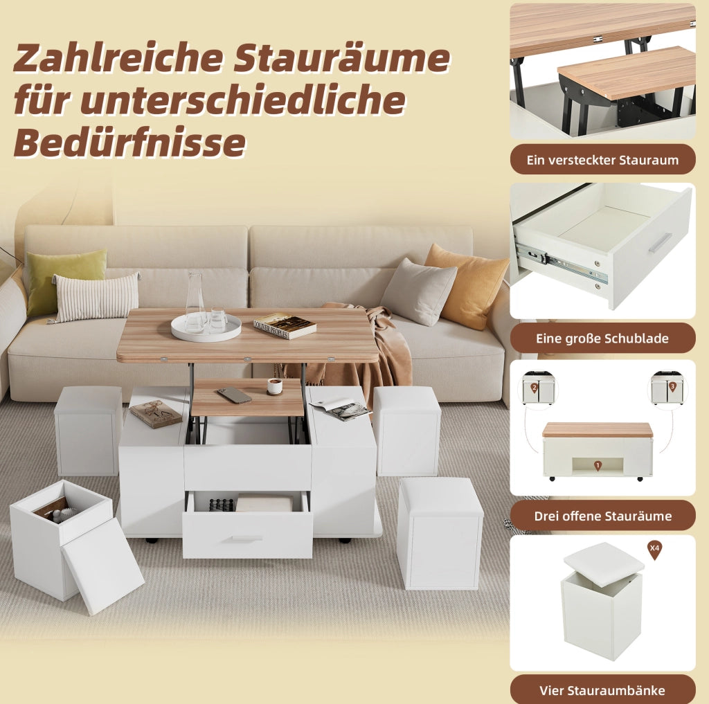 Tavolino trasformabile elevabile con 4 sgabelli, bianco legno