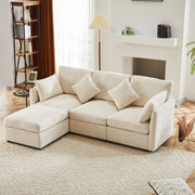 Divano angolare modulare da 3 a 4 posti in chenille beige con pouf mobile e 4 cuscini per soggiorno e ufficio