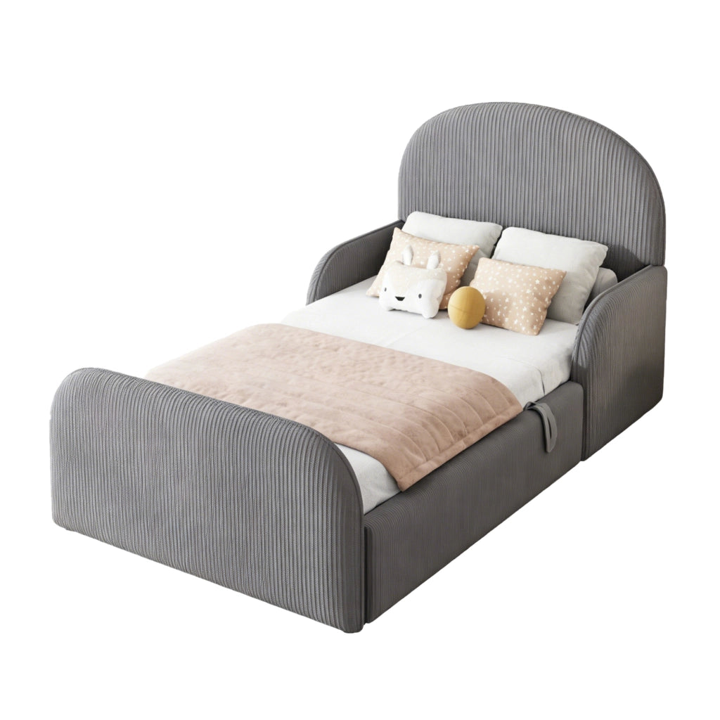 Letto imbottito per bambini 90x200 cm con contenitore idraulico e sponde laterali grigio