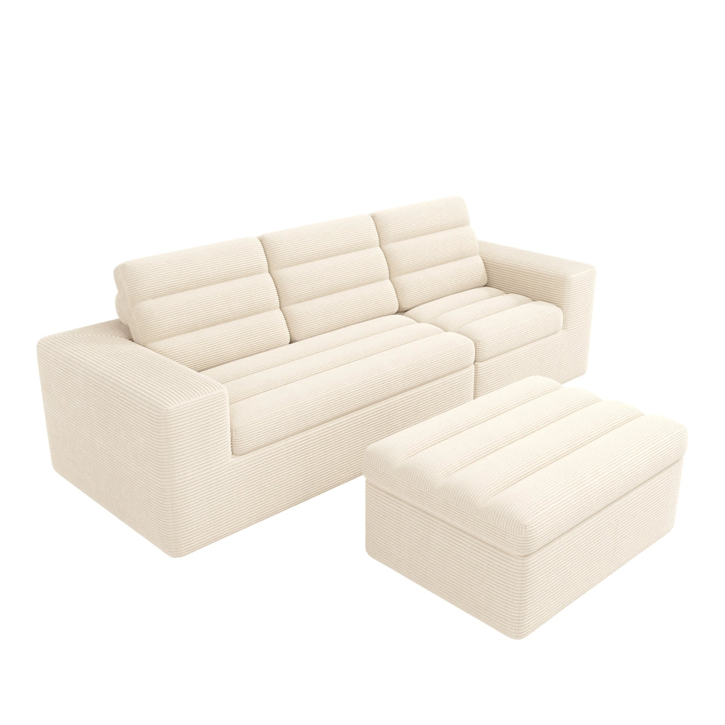 Divano angolare modulare a L in tessuto corduroy beige, senza struttura, 4-5 posti, con pouf