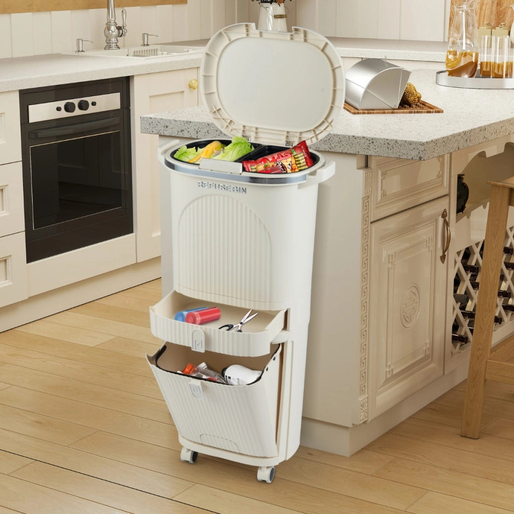 Cestino spazzatura 42l coperchio bidone 3 strati raccolta differenziata, Cestino spazzatura 2 secchi rimovibili Beige-Organizzazione della cucina