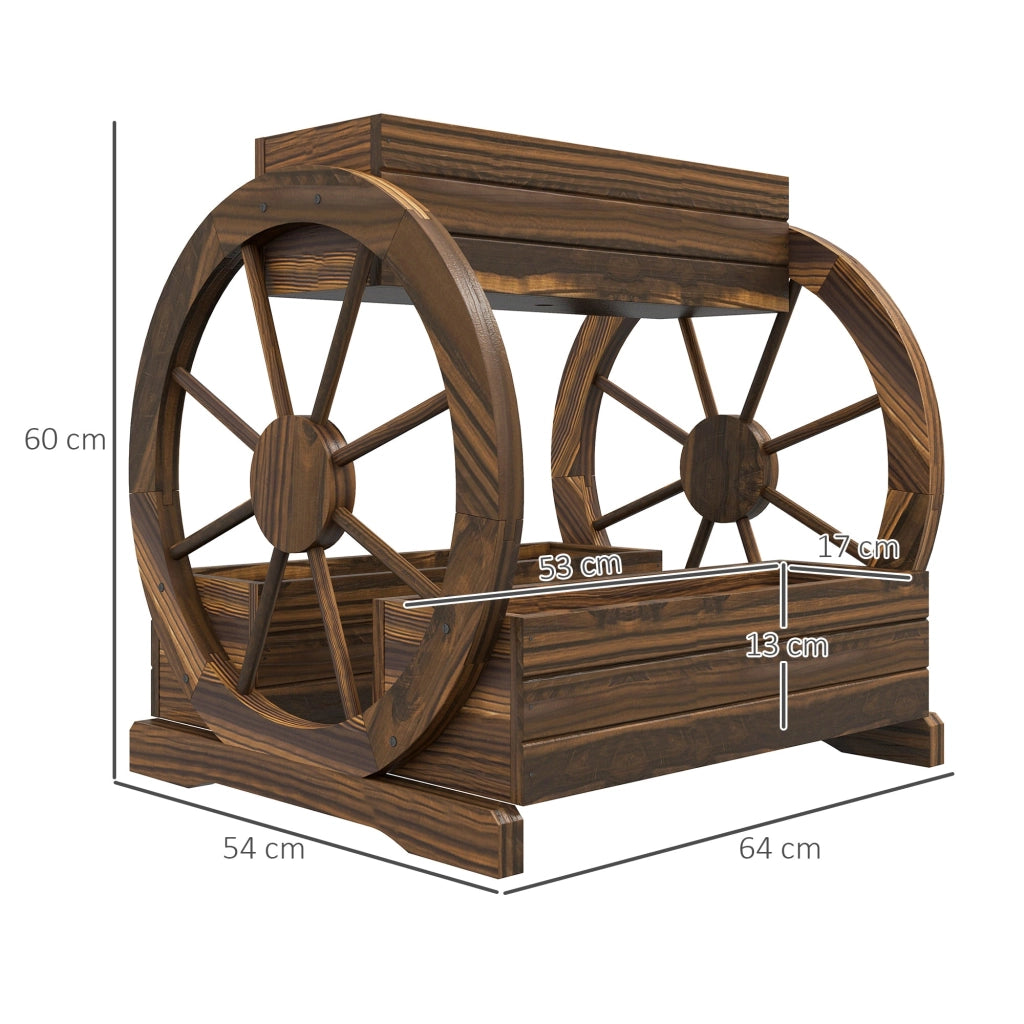 Fioriera da Esterno a 2 Livelli con 3 Vasi e Ruote di Carro Stile Country 64x54x60 cm in Legno Carbonizzato