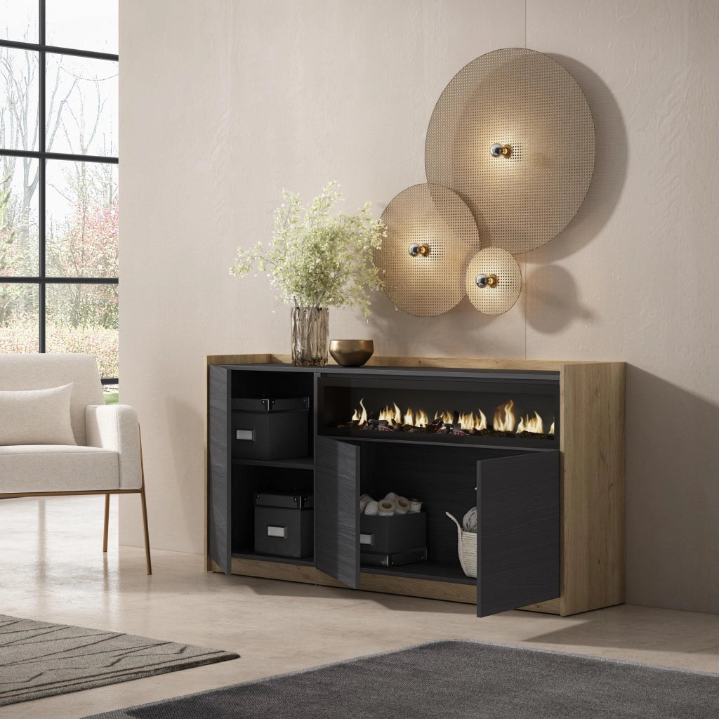 Credenza, Mobile, Cucina, 156x80x37 cm, 3 Porte, Camino elettrico, Nero e rovere