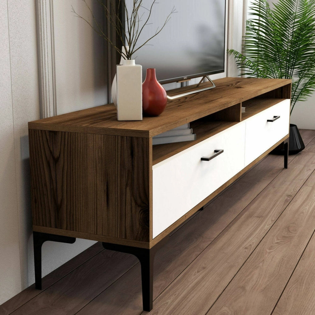 Parete attrezzata Oho, Composizione soggiorno, Mobile salotto multiuso, Armadio porta TV, 180x35h47 cm, Noce e Bianco