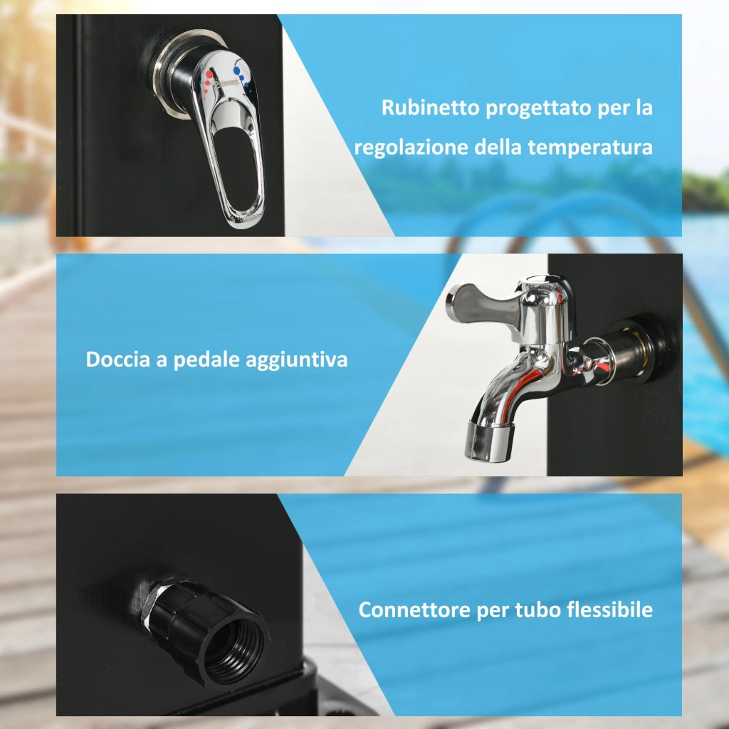 Doccia Solare 19x20x217 cm Contenitore da 40L Temperatura fino a 60°C con Rubinetto Inferiore Nero
