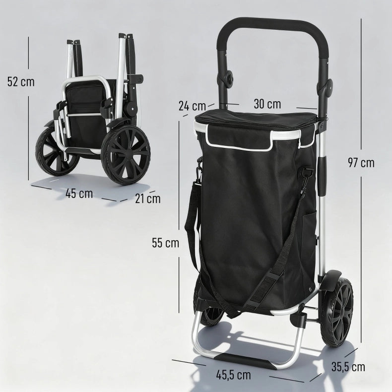 Trolley spesa 47x17x48 cm 3 in 1 con scomparto termico in alluminio nero