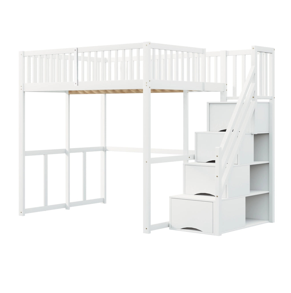 Letto a soppalco 140x200 cm con scala contenitore e sbarre di sicurezza in legno bianco