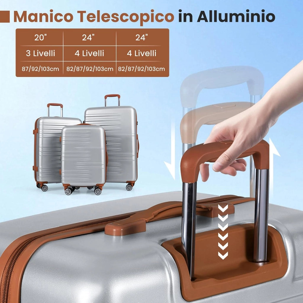 Set di Valigie Rigide 3 Pezzi, Set Valigia da Viaggio in ABS con TSA Lucchetto, Manico Telescopico in Alluminio e Ruote Piroettanti, 20", 24", 28" (Argento)