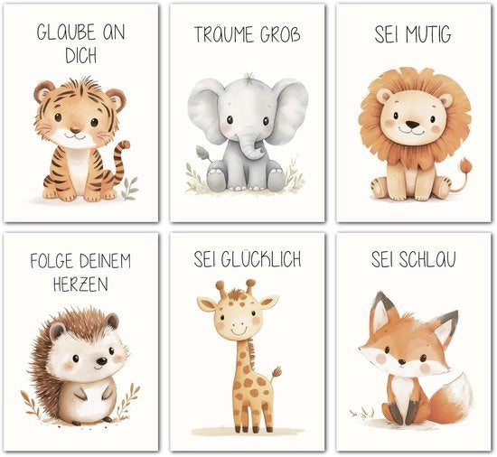 Set di affissioni per bambini 6 pezzi - Decorazione per la camera da letto dei bambini - Decorazione per la camera da letto del bebè - Animali divertenti - Citazioni motivazionali - DIN A4 (21x30cm)