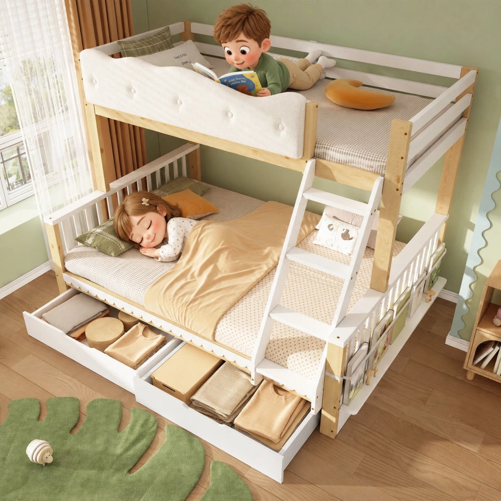 Letto a castello in legno 90x200/140x200 cm con parapetto nuvola; 2 cassetti; portariviste e certificazione EN 747:2024; bianco/rovere