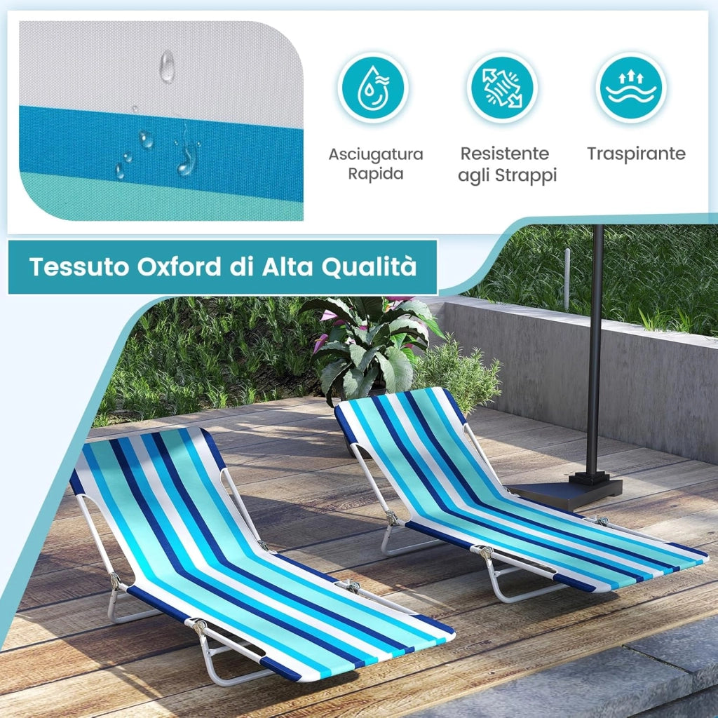 Set di 2 Lettino da Spiaggia Pieghevole, Sedia Reclinabile da Spiaggia a 5 Posizioni con Cinghia, Sedia a Sdraio Portatile da Campeggio Patio, Portata 150 kg (A Righe)