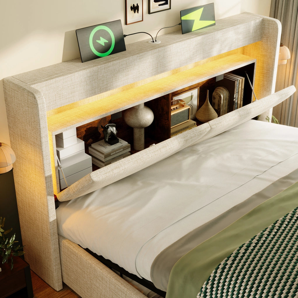 Letto matrimoniale 160x200 cm con contenitore idraulico; LED; USB e USB-C; beige in lino; con materasso