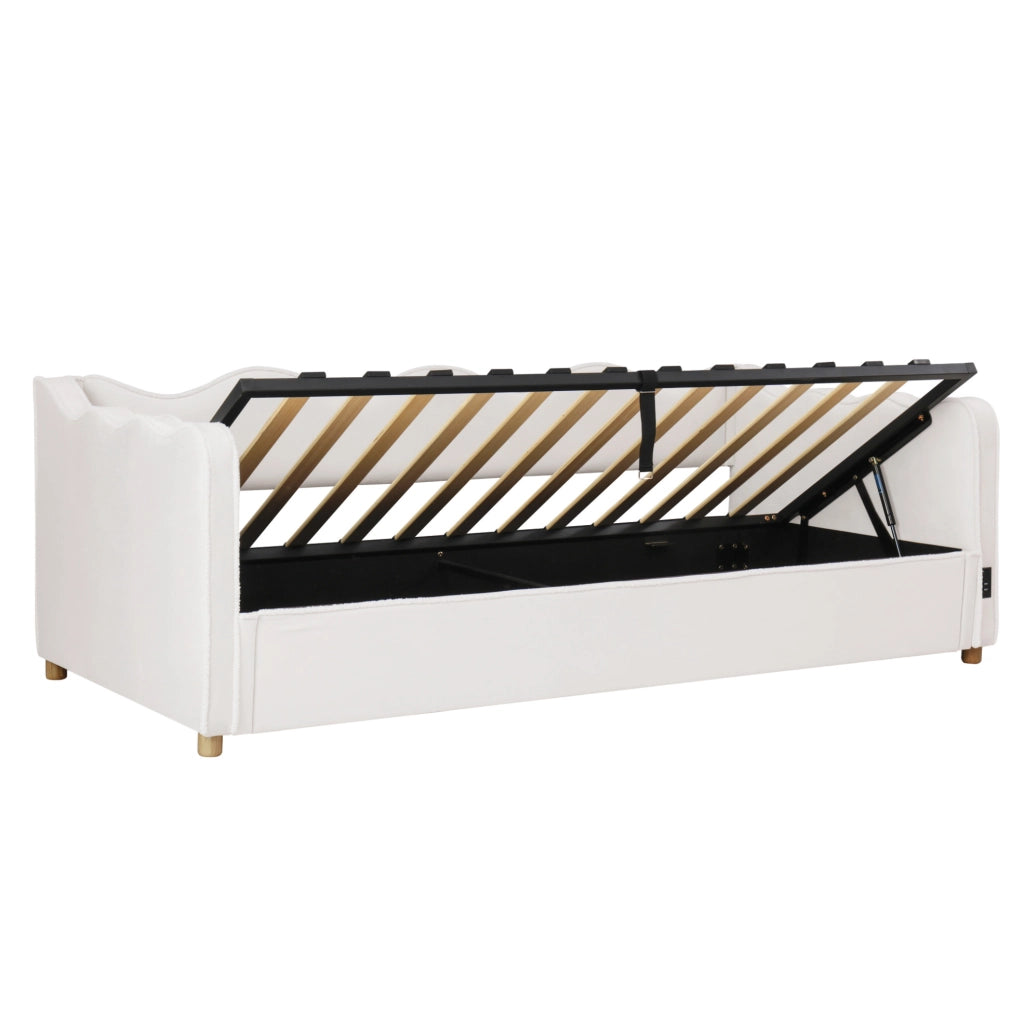 Letto 90x200 cm con contenitore idraulico, rete a doghe e porte USB/USB-C in velluto beige