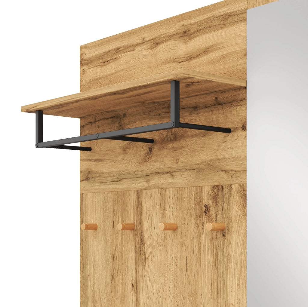 Garderoba ingresso compatta con specchio; panca e scarpiera 100x38x185 cm; nero e naturale