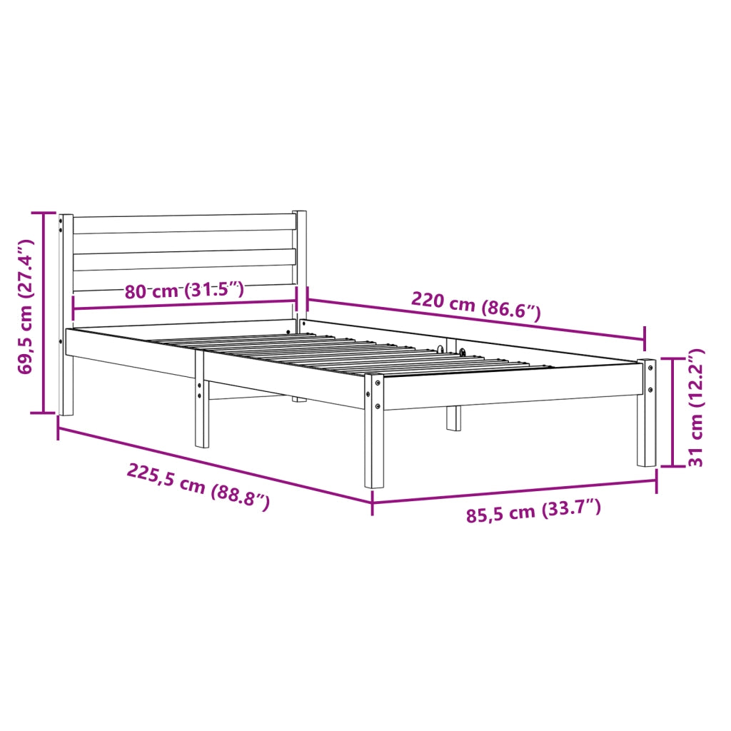 Struttura letto  con testiera 80x220 cm in legno massello di pino