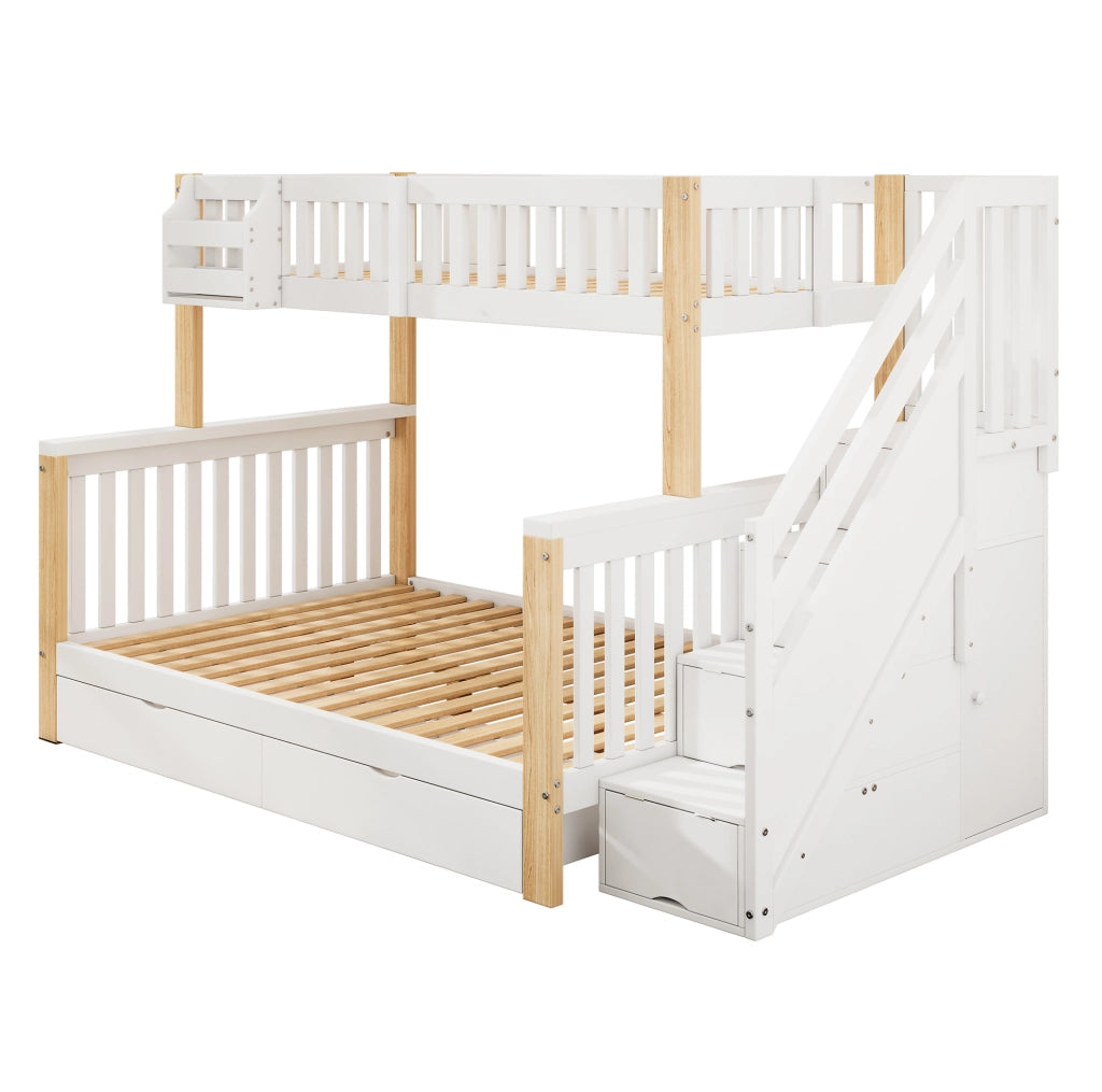 Letto a castello per bambini 90x200 e 140x200 cm con scale contenitore; bianco naturale