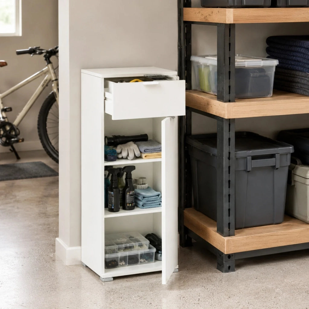 Mobile Base con Anta e Cassetto Bianco Già Montato | Armadietto Multiuso Salvaspazio 45x103x38 cm | Mobile Bagno o Lavanderia con Ripiani Regolabili