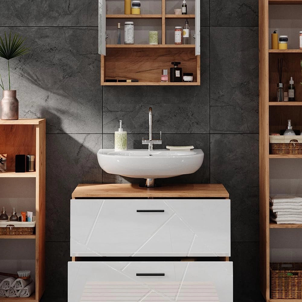 Set di mobili da bagno Irma, Bianco lucido/oro power oak, 80 cm, composto da mobile lavabo, pensile a specchio, colonna e base media