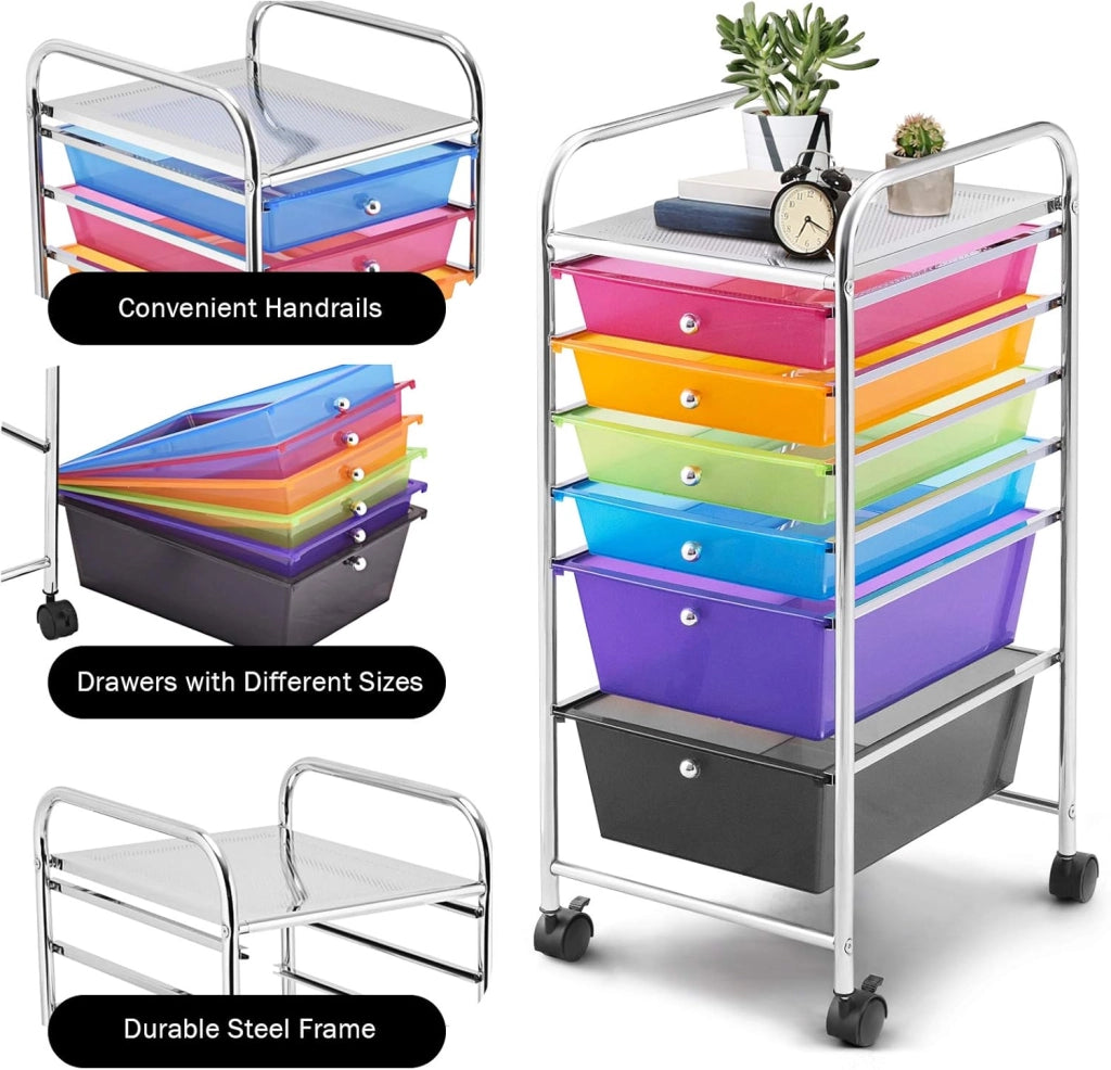 Carrello con 6 Cassetti, Portaoggetti Multistrato, Carrello da Stoccaggio a 6 Ripiani, Contenitore con Ruote, Scaffale Mobile Salvaspazio, 32x37x74 cm, Colorato