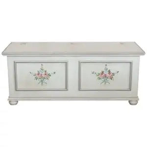 Cassapanca in legno Shabby chic mod cipolla bianco anticato decorato filo argento