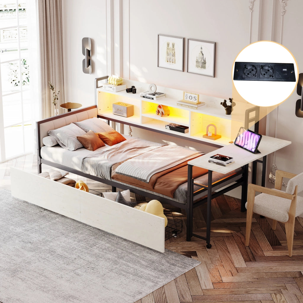 OKWISH Letto a Divano 90×200 cm, Letto Singolo con 2 Cassetti, LED, USB, Tipo C e Scrivania Ribaltabile, senza Materasso, Metallo, Bianco