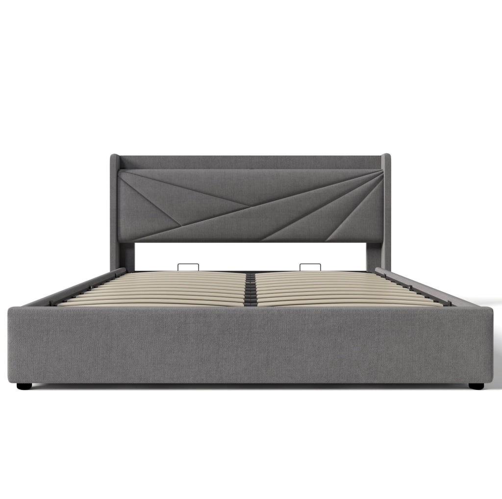 Letto matrimoniale 180x200 cm con contenitore; testiera con USB e Type-C; grigio in cotone e lino