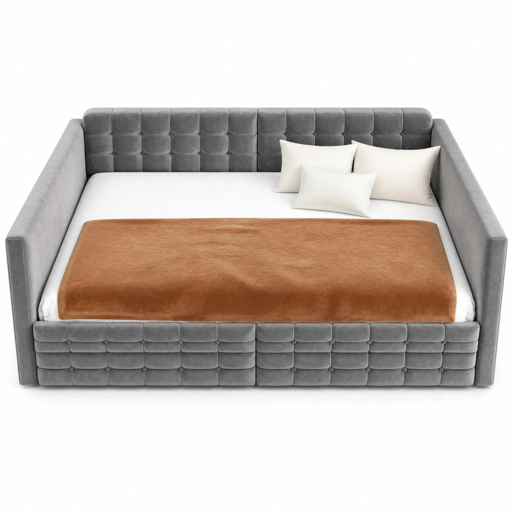 Letto imbottito contenitore 140x190, velluto grigio, testiera a quadri, 2 cassetti e tasche laterali