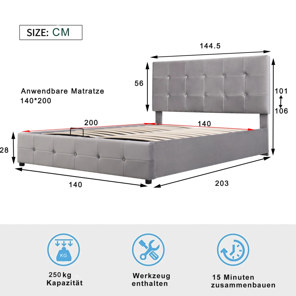 Letto imbottito ULEVR 140x200 cm con contenitore idraulico e rete a doghe, velluto grigio