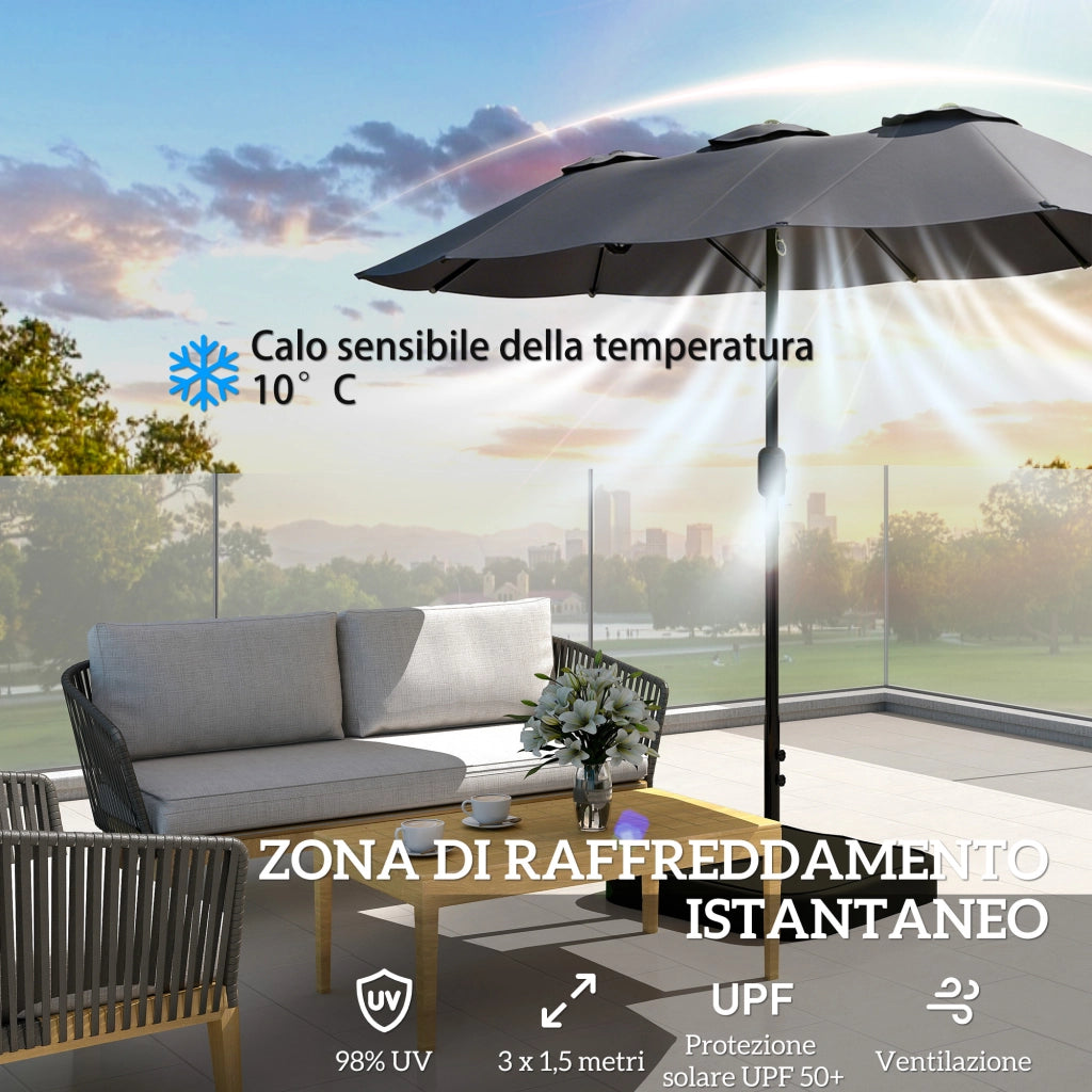 Ombrellone Doppio a 12 Stecche con Manovella, Base a Croce e Sacchi, in Metallo e Poliestere, 3x1.5 m, Grigio Scuro