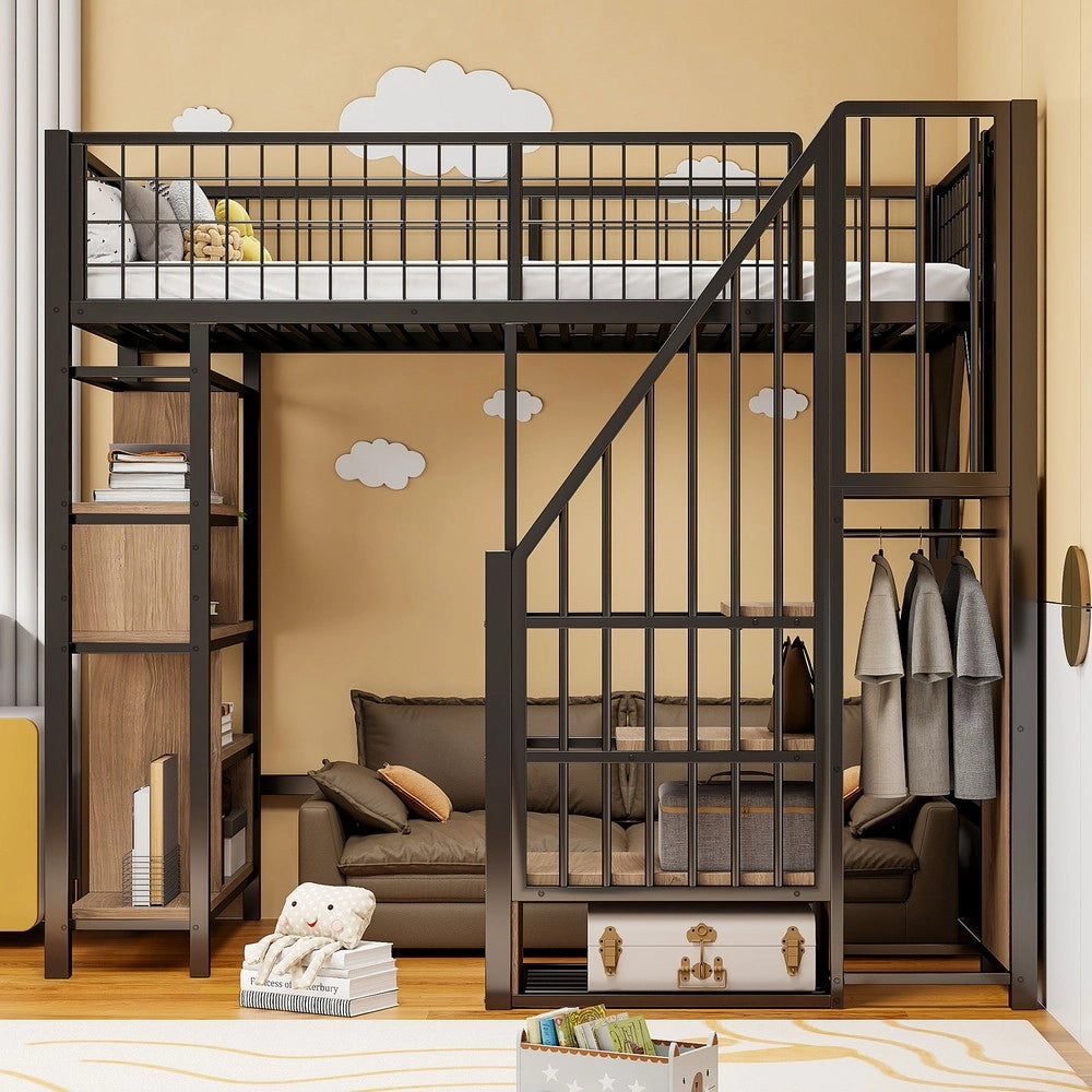 Letto a Soppalco Multifunzionale ¨C MINIMAL ¨C Metallo, Contenitore, Scala, 90x200, Nero